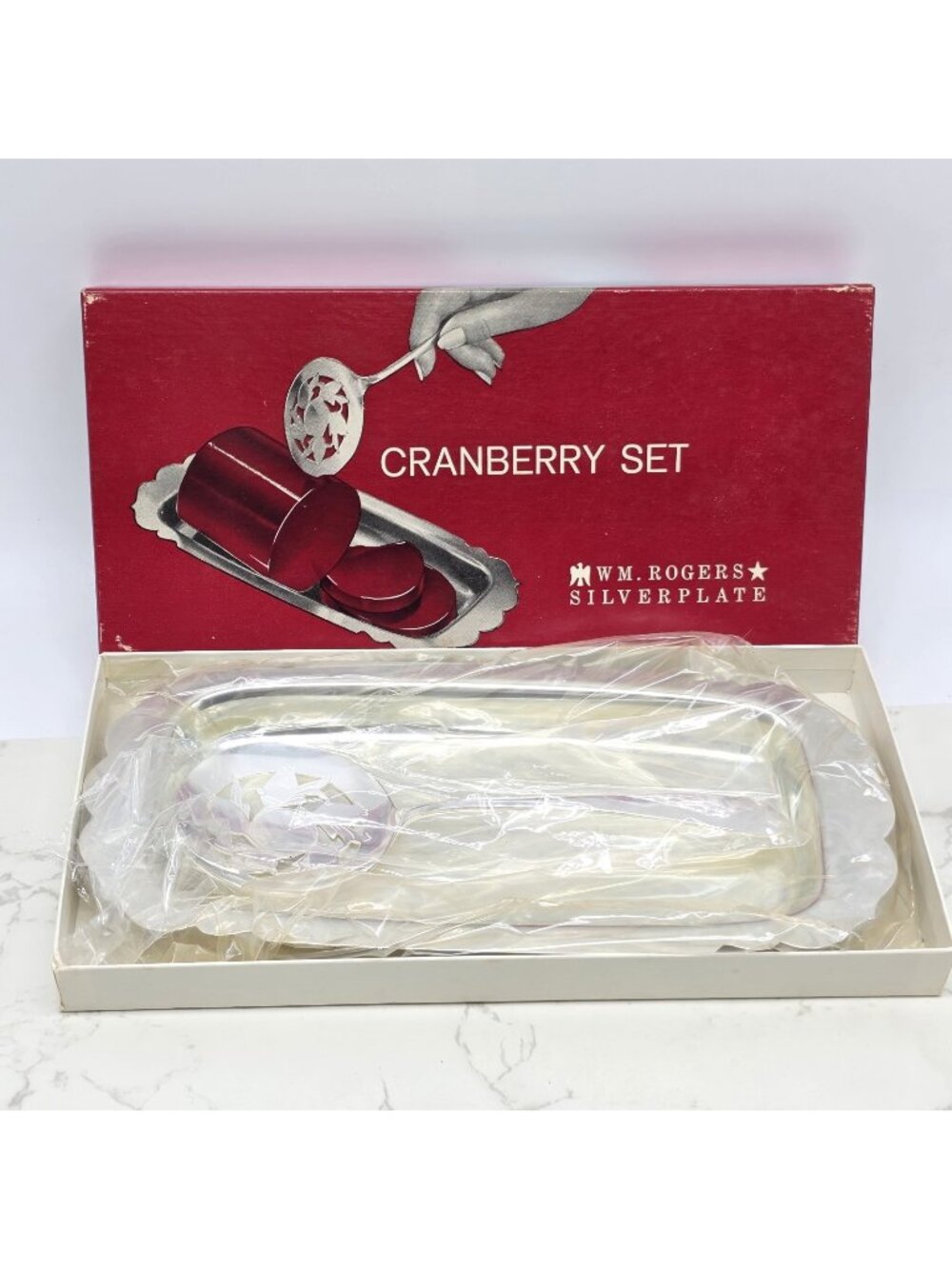 Vintage WM Rogers Silverplate Cranberry Serving Set Spoon Tray Holiday NEW NOS